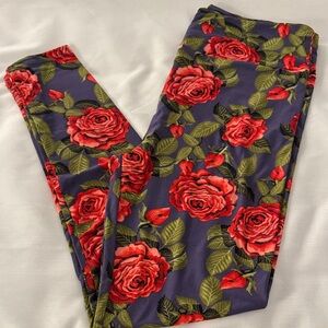 LuLaRoe Floral Rose Print Leggings in Navy and Red